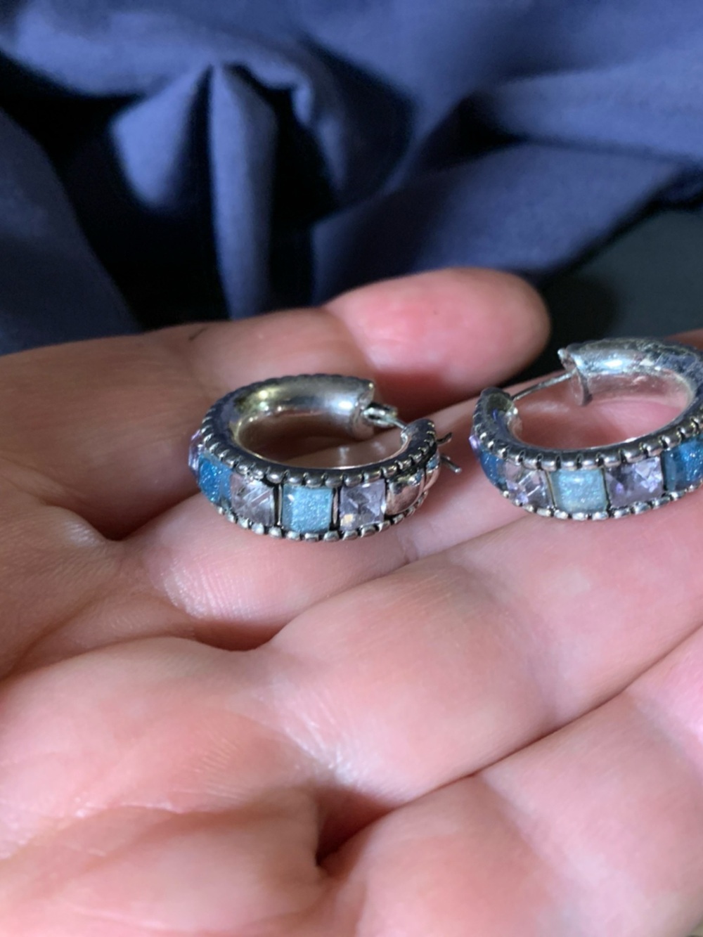 Liz Claiborne Sterling & Blue, Lavender & Clear Stones Hoop Earrings